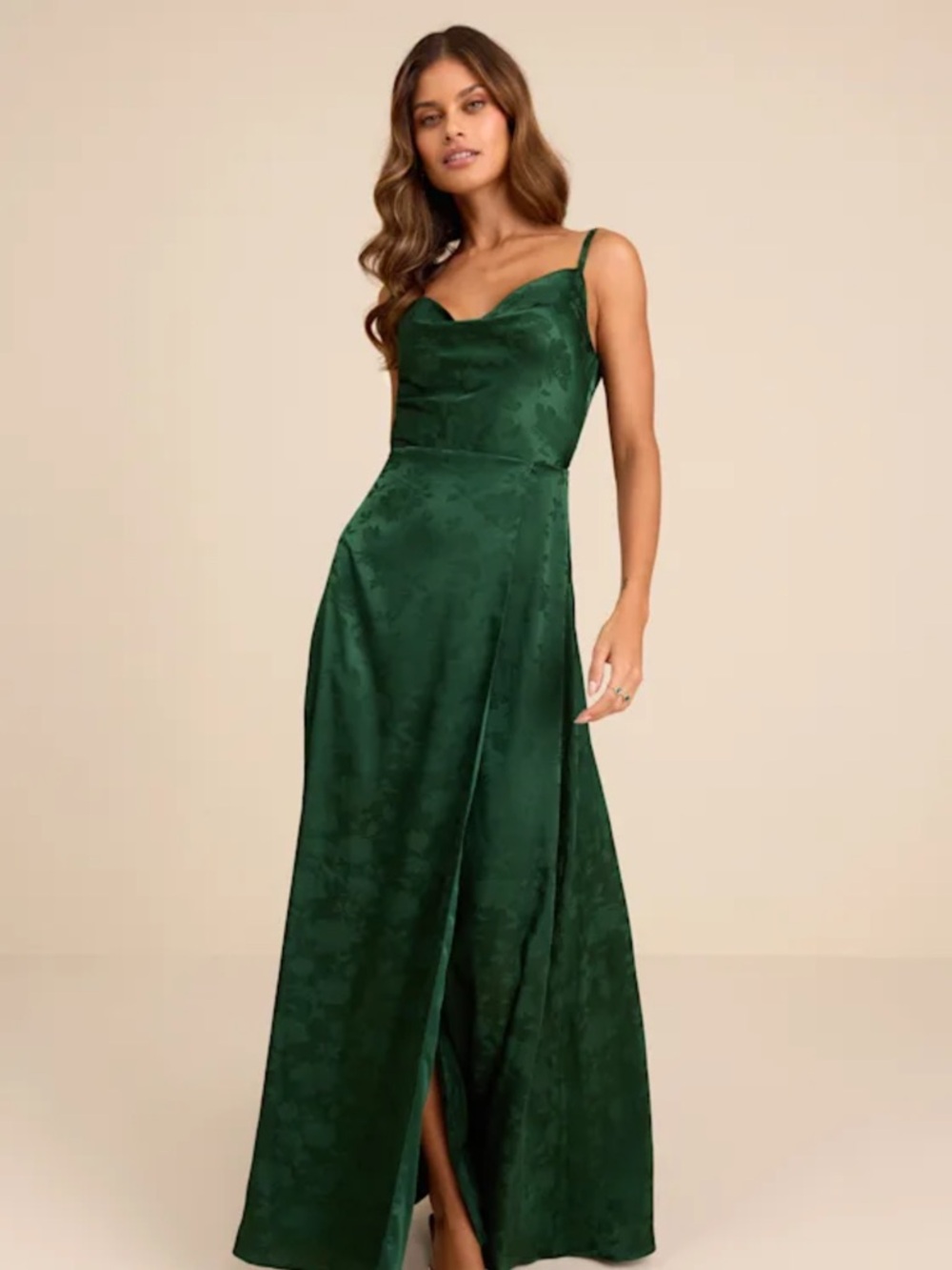 Lulu's Forest Green Satin Cowl Neck Maxi Dress